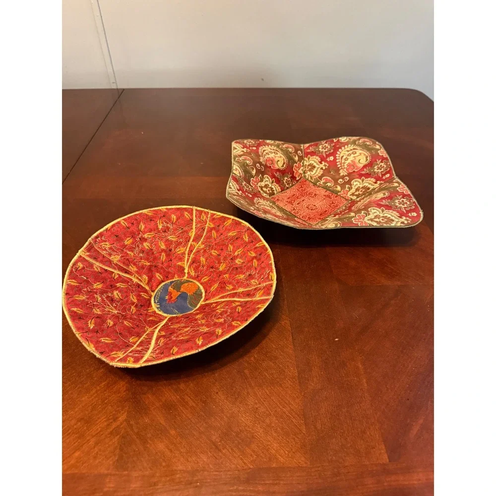 Set of 2 Vtg Quilted Fabric Bowl Cozies Country Farmhouse Rooster Paisley Blue